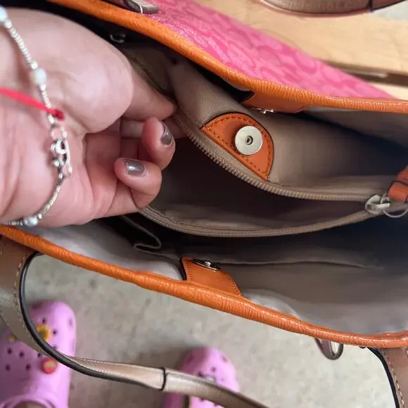 Coach Pink Signature Stripe Tote Bag Orange Trim Leather Handbag - Picture 9 of 14
